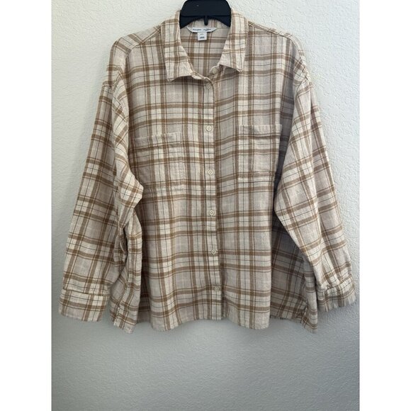 Old Navy Top The Boyfriend Shirt XXL Relaxed Cream Plaid Flannel Cotton Workwear - Picture 1 of 8